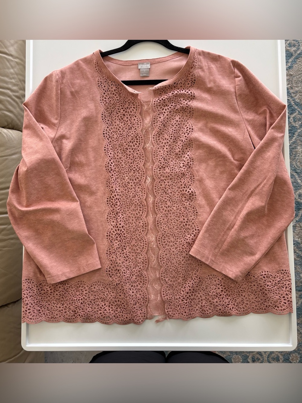 Chicos Laser Cut Perforated Faux Suede Jacket 
Size 4 (18/20)